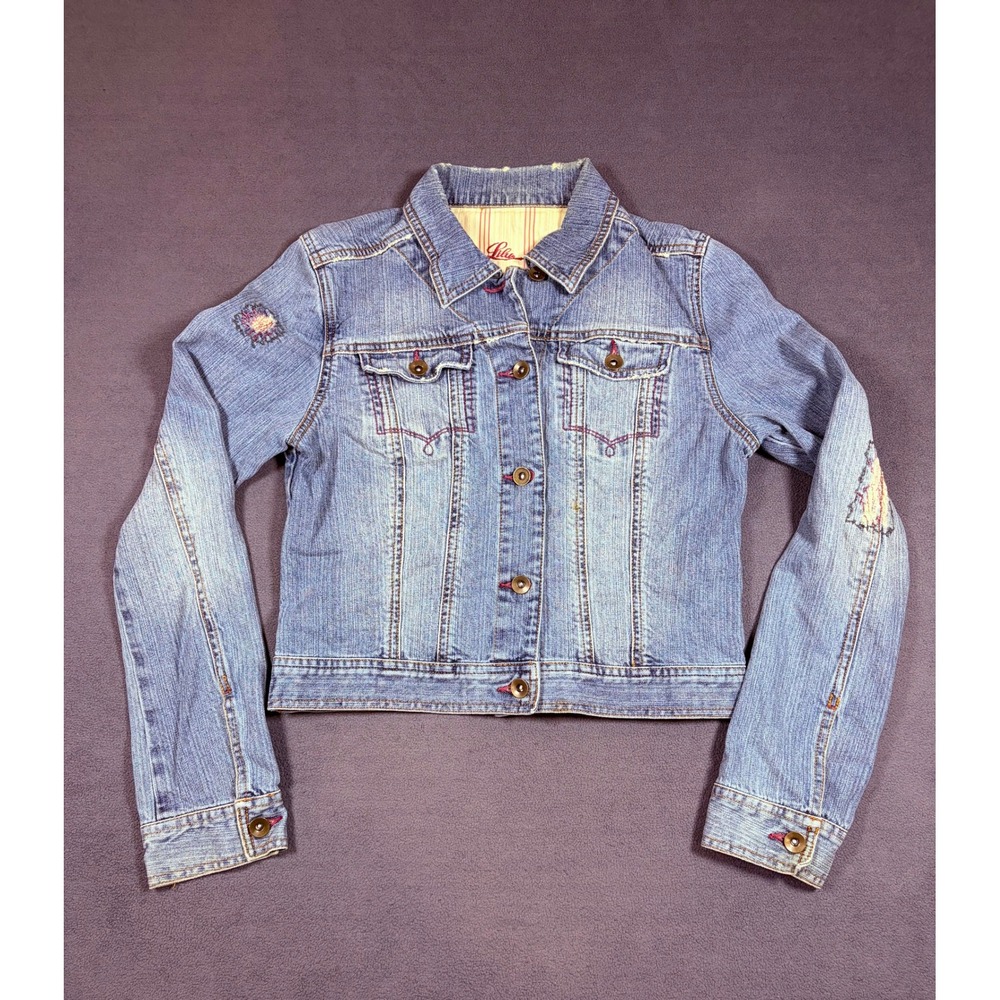 Lilu Jean Jacket Womens Size M Blue Distressed Embroidered Patch Denim Trucker